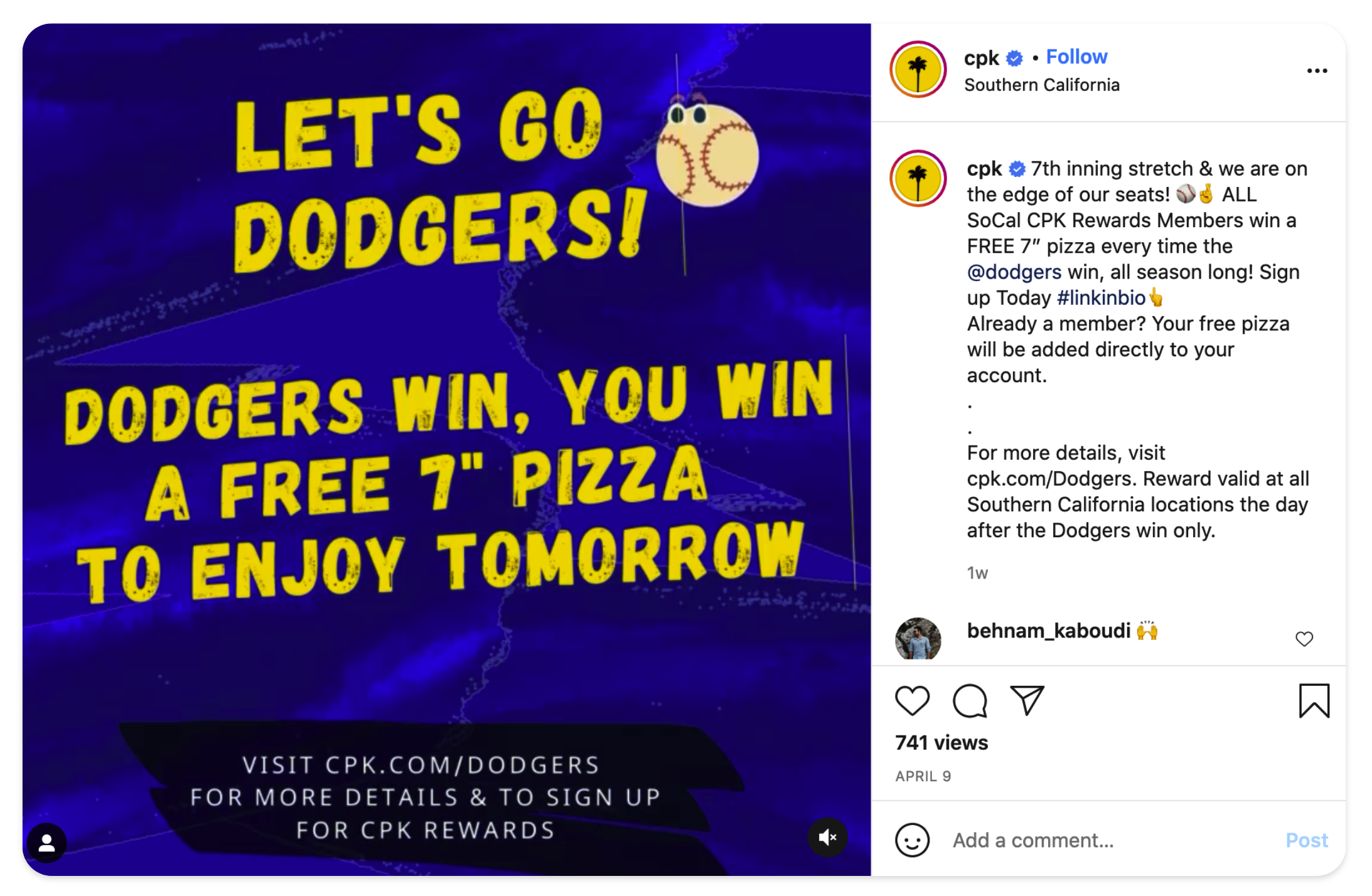 California Pizza Kitchen social post example
